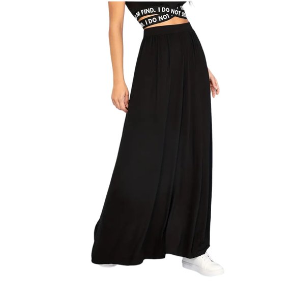 Boho Black Pleated Long Loose Solid Casual Skirt - Picture 4 of 6